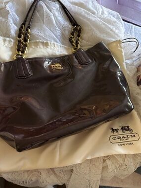 Coach Patent Leather Tote Bag in Aubergine purple .